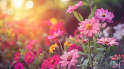 Wall Mural - A field of flowering cosmos at sunset. Fresh spring or summer flowers. Nature background. Illustration for banner, postcard, greeting card, postcard, poster, cover or presentation.