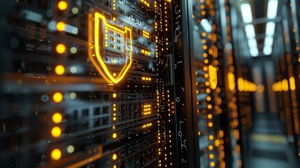 cybersecurity, Server Rack in Futuristic Data Center, server room with shield icon, security icon
