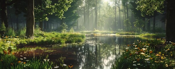 Wall Mural - Forest glade with a tranquil pond, 4K hyperrealistic photo