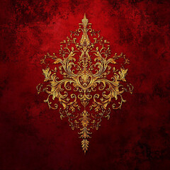 Ornate gold design on red background.