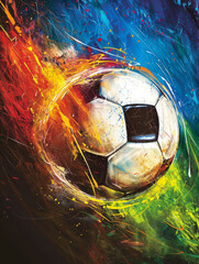 Wall Mural - A close-up of a soccer ball with vibrant colors in the background, symbolizing speed, energy, passion, competition, and victory.