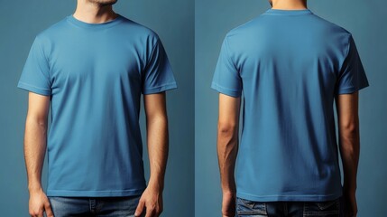 man wears a blue t-shirt, front and back, design mock up