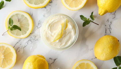 Wall Mural - Jar of organic cream and lemon slices on light marble table, flat lay