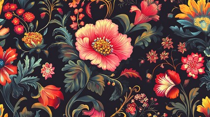 Poster - A seamless floral pattern with large pink flowers, yellow flowers, red flowers, green leaves, and gold tendrils on a black background.