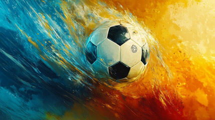 Wall Mural - A soccer ball is shown in motion, with a burst of energy behind it. The colors of the background represent the different aspects of the game: blue for water, yellow for the sun, and white for the ball