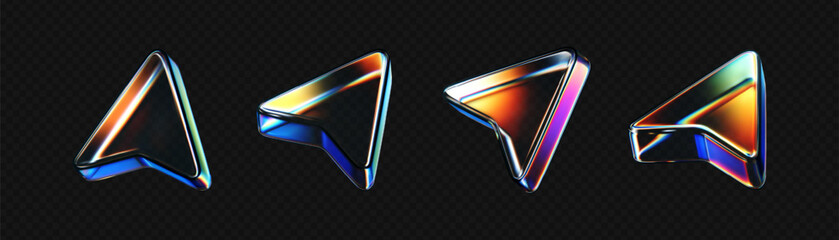 Wall Mural - 3d glass arrow icons set with refraction and holographic effect isolated on dark background. render 
