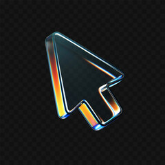Wall Mural - 3d glass arrow icon with refraction and holographic effect isolated on dark background. render trans