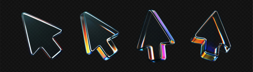 Wall Mural - 3d glass arrow icons set with refraction and holographic effect isolated on dark background. render 