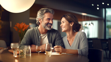 Wall Mural -  senior couple in restaurant couple celebrating with champagne sushi