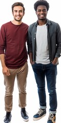 Wall Mural - Two young men are standing next to each other, both wearing jeans and shirts. They are smiling and seem to be enjoying each other's company. Concept of friendship and camaraderie between the two men