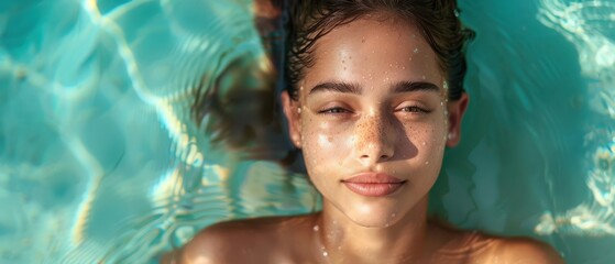 Wall Mural - Young woman enjoying a sunny day in the ocean with palm trees. Free copy space for text.