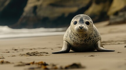 A seal with a lonely expression, centered on a deserted beach, capturing the essence of isolation in the empty surroundings.