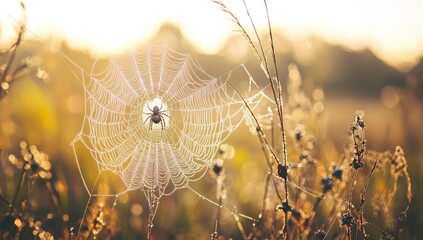 Spider in web, golden light, morning dew.