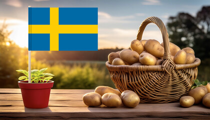 Wall Mural - Sweden flag on potted potato seedling,and wicker basket full of potatoes on wooden table,against agricultural field at dawn.Swedish agriculture,import,export and production concept.