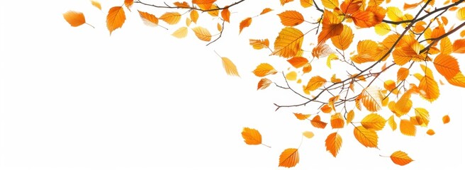 Autumn leaves in the air, white background, copy space concept, wide banner with autumn tree branch with yellow and orange leaves, banner design Generative AI