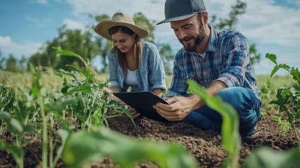 Two professionals observe and discuss farming data while sitting in a lush green field