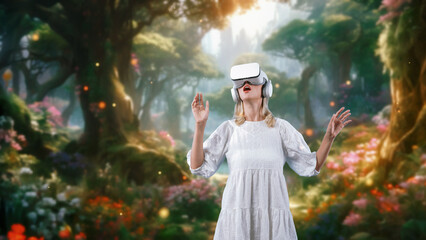 Wall Mural - Excited woman wearing VR with stretching arms getting fresh air metaverse wonderland fairytale forest bokeh neon light falling, stairway nature jungle scenery mysterious creativity. Contraption.