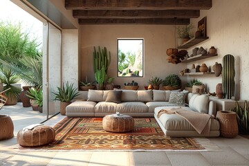 Wall Mural - Desert Oasis Living Room with earthy tones, cacti decor, tribal patterns, and a Southwestern-inspired aesthetic. Desert home decor. 