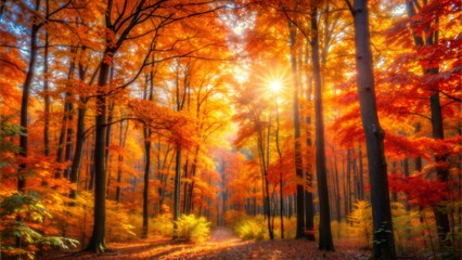 Sunlit Autumn Forest with Vibrant Orange and Red Foliage