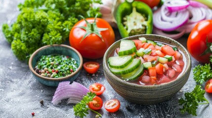 Wall Mural - Refreshing Cold Tomato Soup, Gazpacho with Fresh Cucumbers, Herbs, and Chopped Vegetables