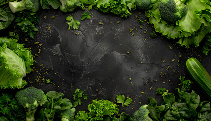 Frame of green raw vegetables on black background. Top view of healthy organic food. Flat lay. Copy space