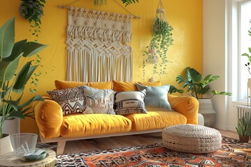 Wall Mural - Boho cozy living room design, bright wall mockup 3D rendered.