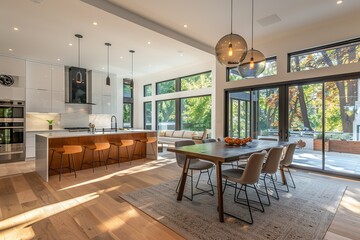 Wall Mural - Contemporary open-concept kitchen and dining area with sleek, minimalist design.