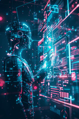 Wall Mural - robot is touching digital network connection. artificial intelligence development. android robot in 