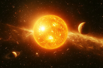 Wall Mural - planets are orbiting massive star in deep space. planetary system and glowing star