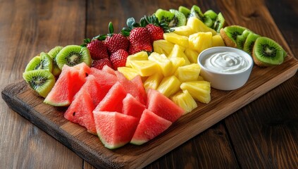 Fruit platter with watermelon, kiwi, pineapple, and dip.