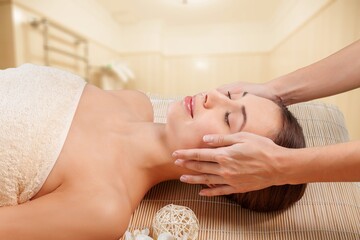 Poster - Young woman at facial massage in spa salon