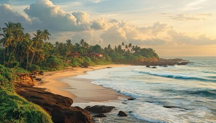 Wall Mural - Tropical beach with palm trees and huts.