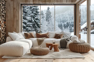 Wall Mural - Cozy modern winter living room interior. Cozy house in the mountainshigh quality & high resolution.