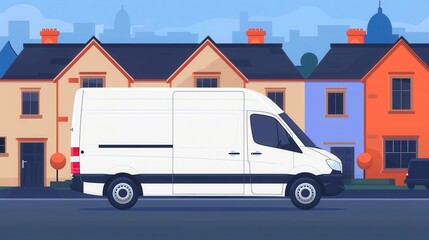 Delivery van driving through neighborhood, flat design illustration