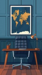 Logistics office, map on wall, flat design illustration