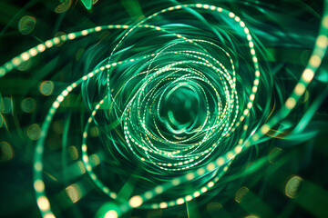 Wall Mural - Shiny wavy path. Endless light tunnel made of many green Swirl Curves lines. Rotating dynamic neon circle. Unfocussed bokeh lights