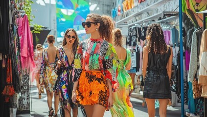 Women in colorful clothes shopping at a market.