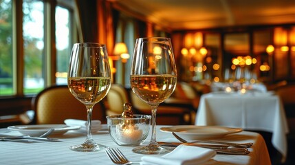 Elegant dining setting featuring two glasses of white wine in a cozy restaurant ambiance with warm lighting.