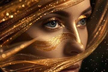 Sticker - Close-up of a woman's face painted with gold, suitable for beauty or art-related uses