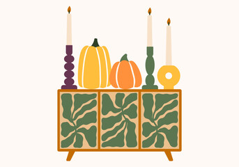 Cupboard with pumpkins and candles Illustration. Interior fall vector graphic. Halloween home decor