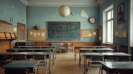 Canvas Print - A traditional classroom setup with desks and chairs, ideal for educational or training purposes