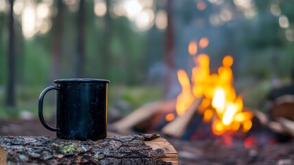 Wall Mural - Black metal mug standing on log near campfire in the woods