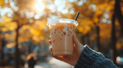 Wall Mural - Hand holding an iced coffee in a park