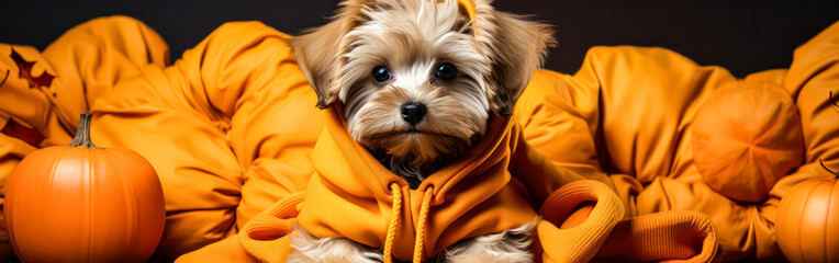 Wall Mural - A small dog is sitting on a bed with orange pillows and a pumpkin. The dog is wearing a sweater and he is enjoying the fall season