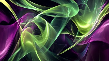 Canvas Print - Abstract green and purple wavy lines flowing on black background