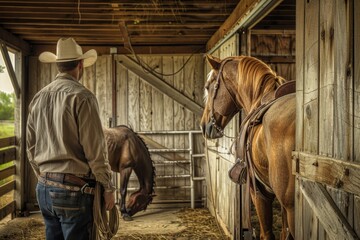 Sticker - A person standing next to a horse in a rustic barn setting