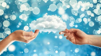 Wall Mural - Two Hands Holding White Fluffy Cloud, Sparkling Blue Background, Cloud Computing, Data Storage