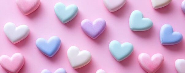 Wall Mural - Pastel colored hearts forming a regular pattern on pink background