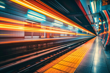 subway tunnel with motion blur in city from inside. metro in motion, high-speed train in railway sta