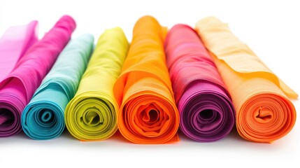 Poster - A collection of vibrant, rolled-up cloths sit on a white surface, ready for use or display